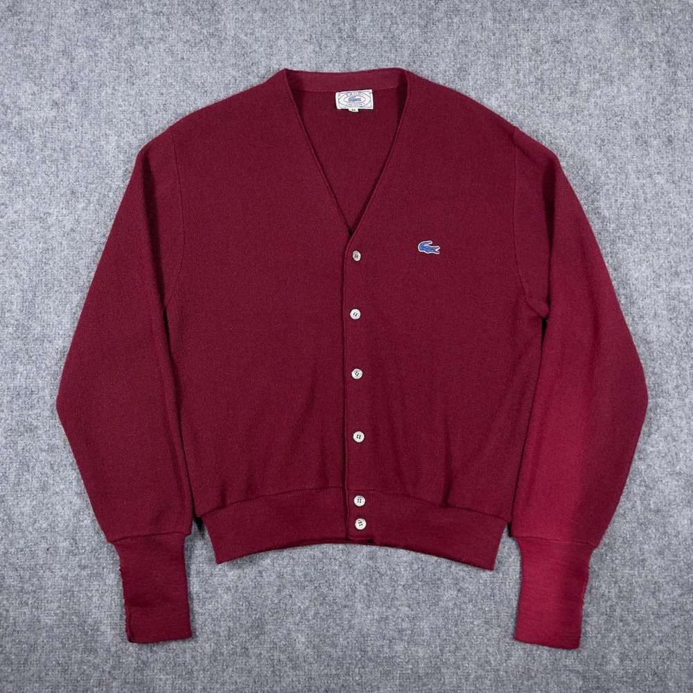 Vintage Izod Lacoste Cardigan Mens M Burgundy Orlon Acrylic V-Neck Knit Sweater